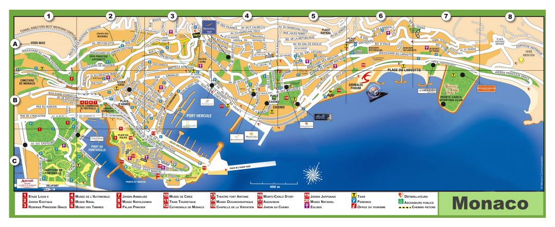 Large detailed tourist map of Monaco with street names