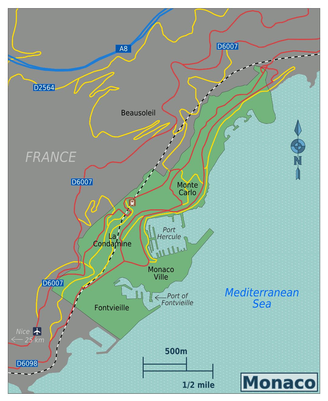 Large map of Monaco with roads