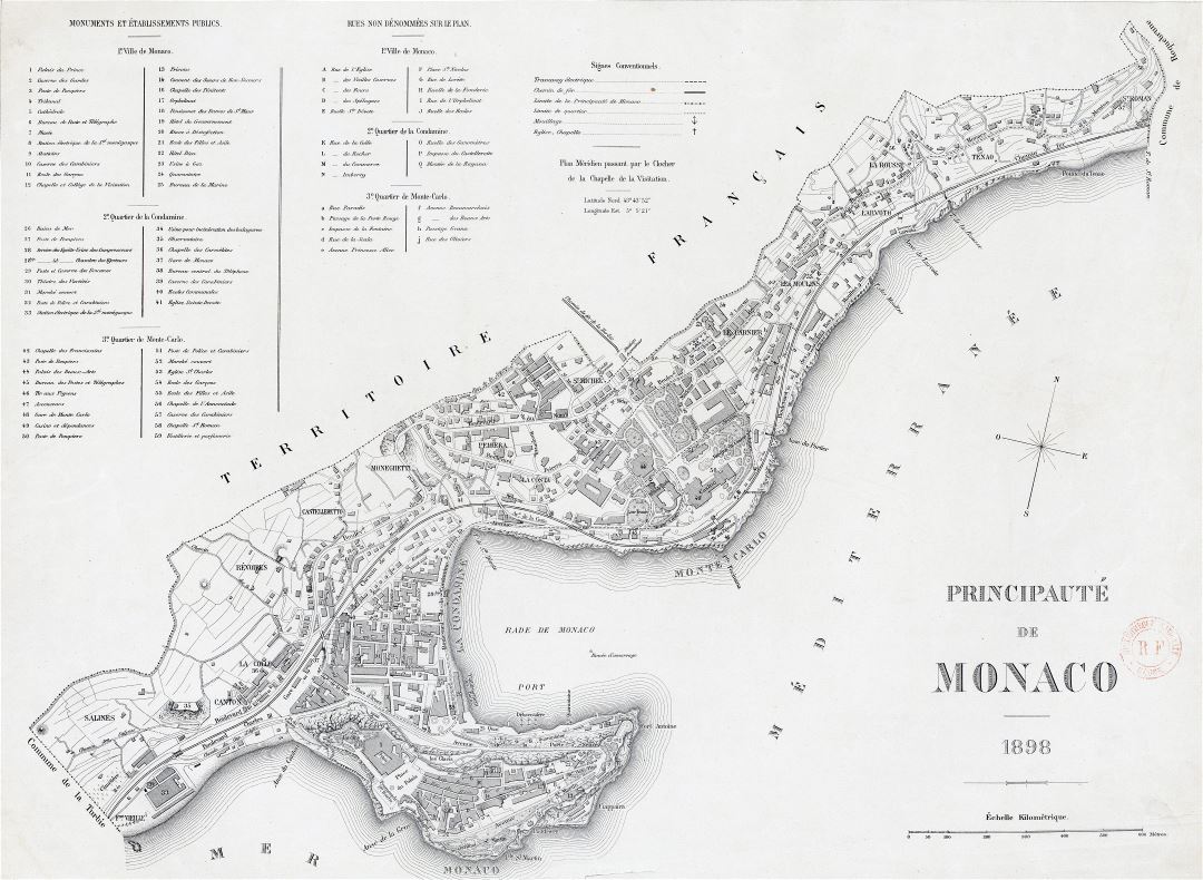 Large scale detailed old map of Monaco with buildings - 1898