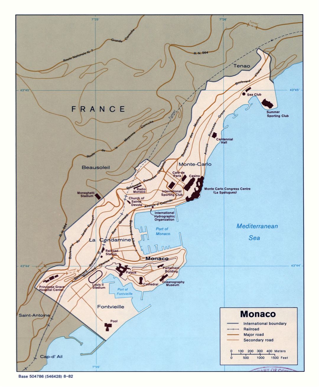 Large scale political map of Monaco with roads, railroads and buildings - 1982