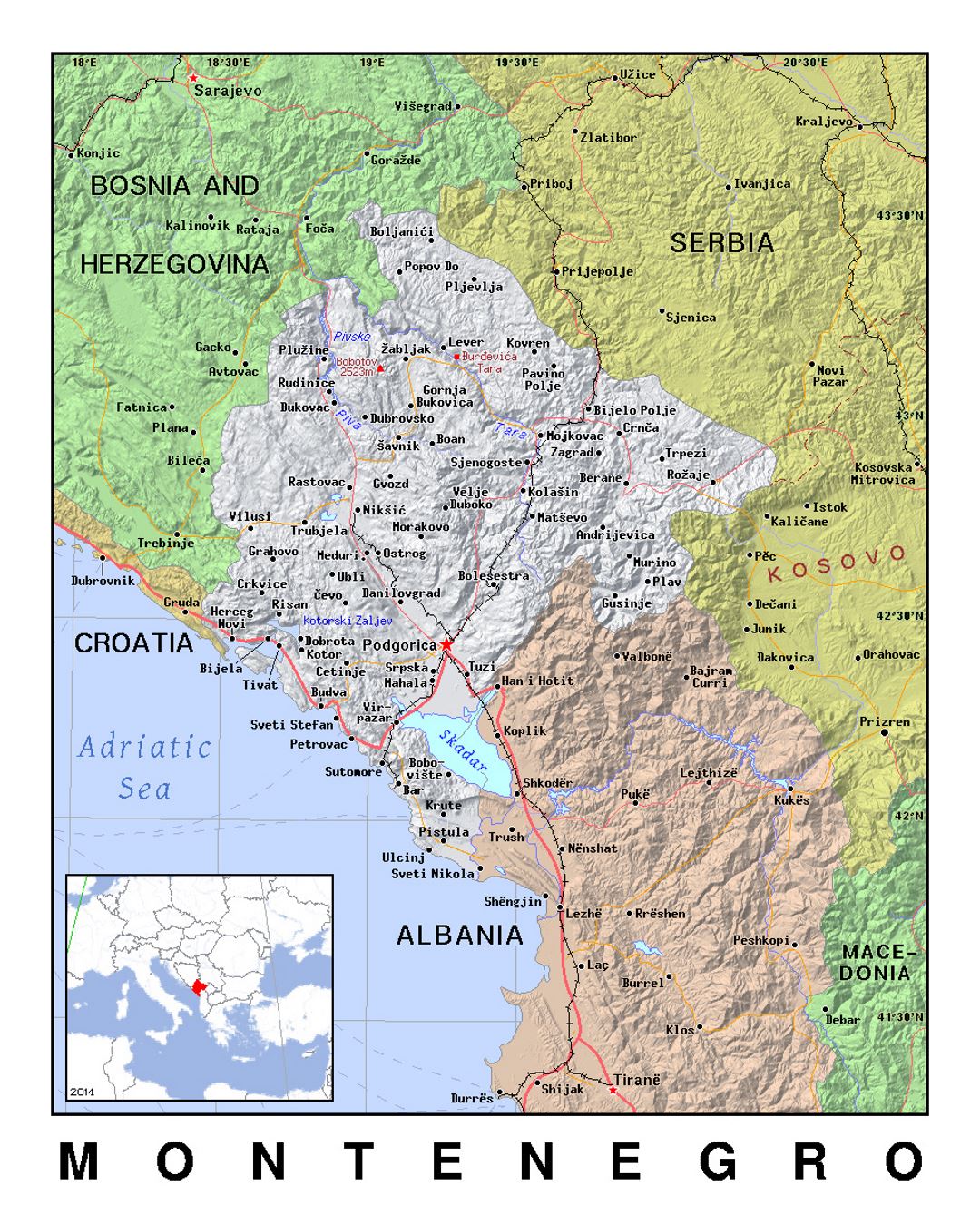 Detailed political map of Montenegro with relief