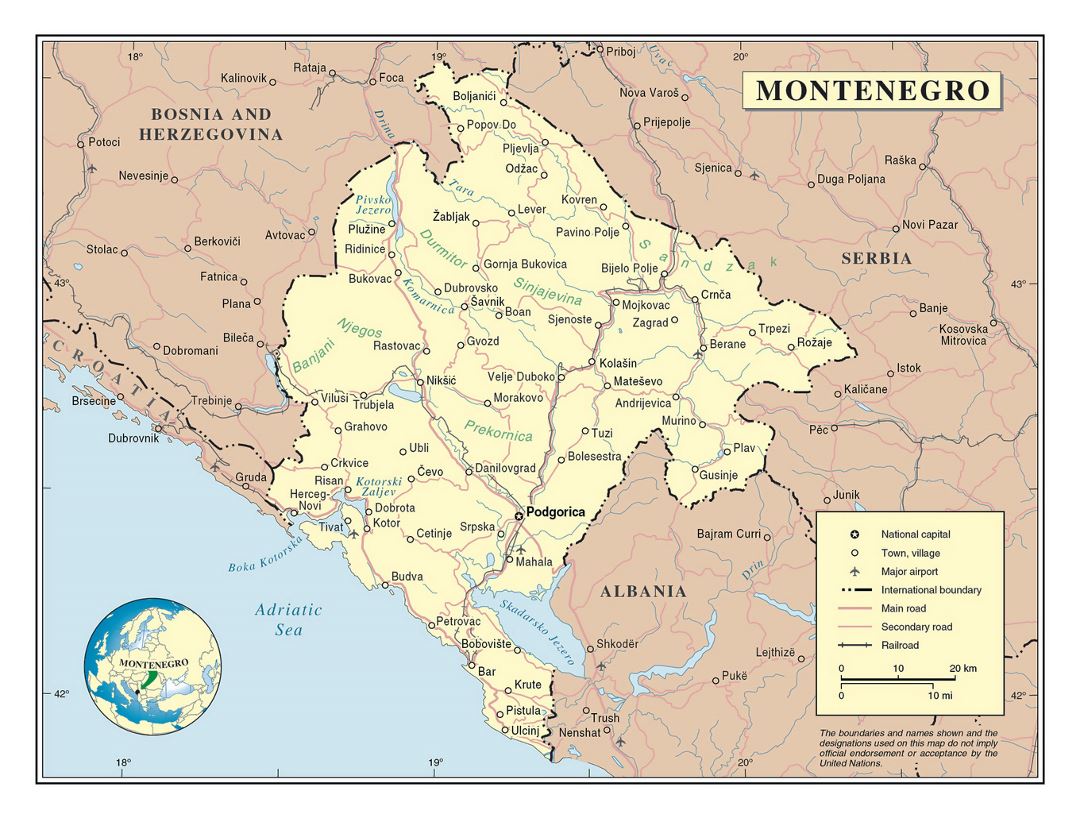 Detailed political map of Montenegro with roads, cities and airports