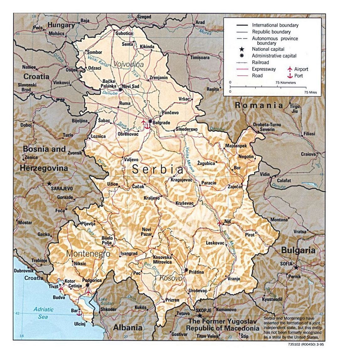 Detailed political map of Serbia and Montenegro with relief - 1995