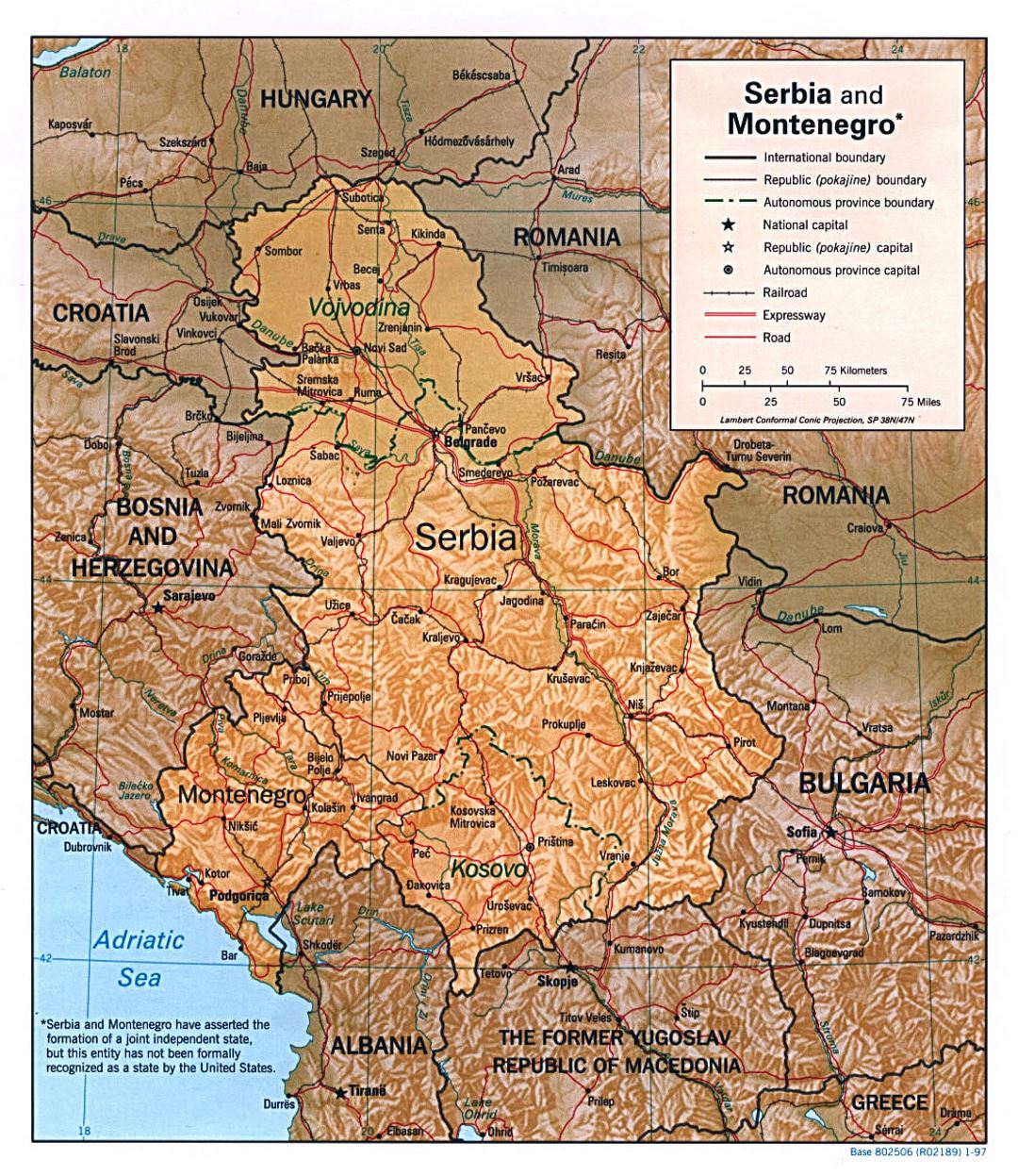 Detailed political map of Serbia and Montenegro with relief, roads, railroads and major cities - 1997
