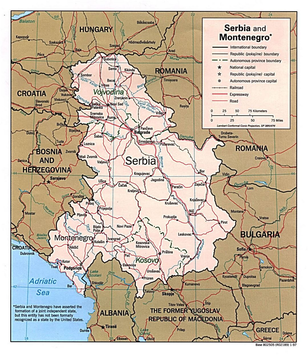Detailed political map of Serbia and Montenegro with roads, railroads and major cities - 1997