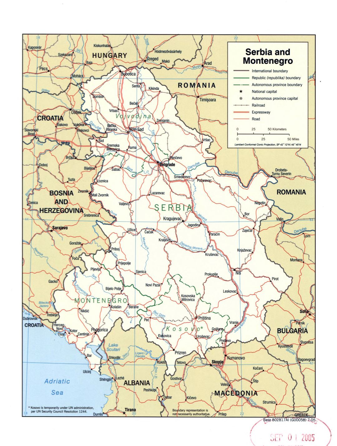Large detail political map of Serbia and Montenegro with marks of roads, railroads and large cities - 2005