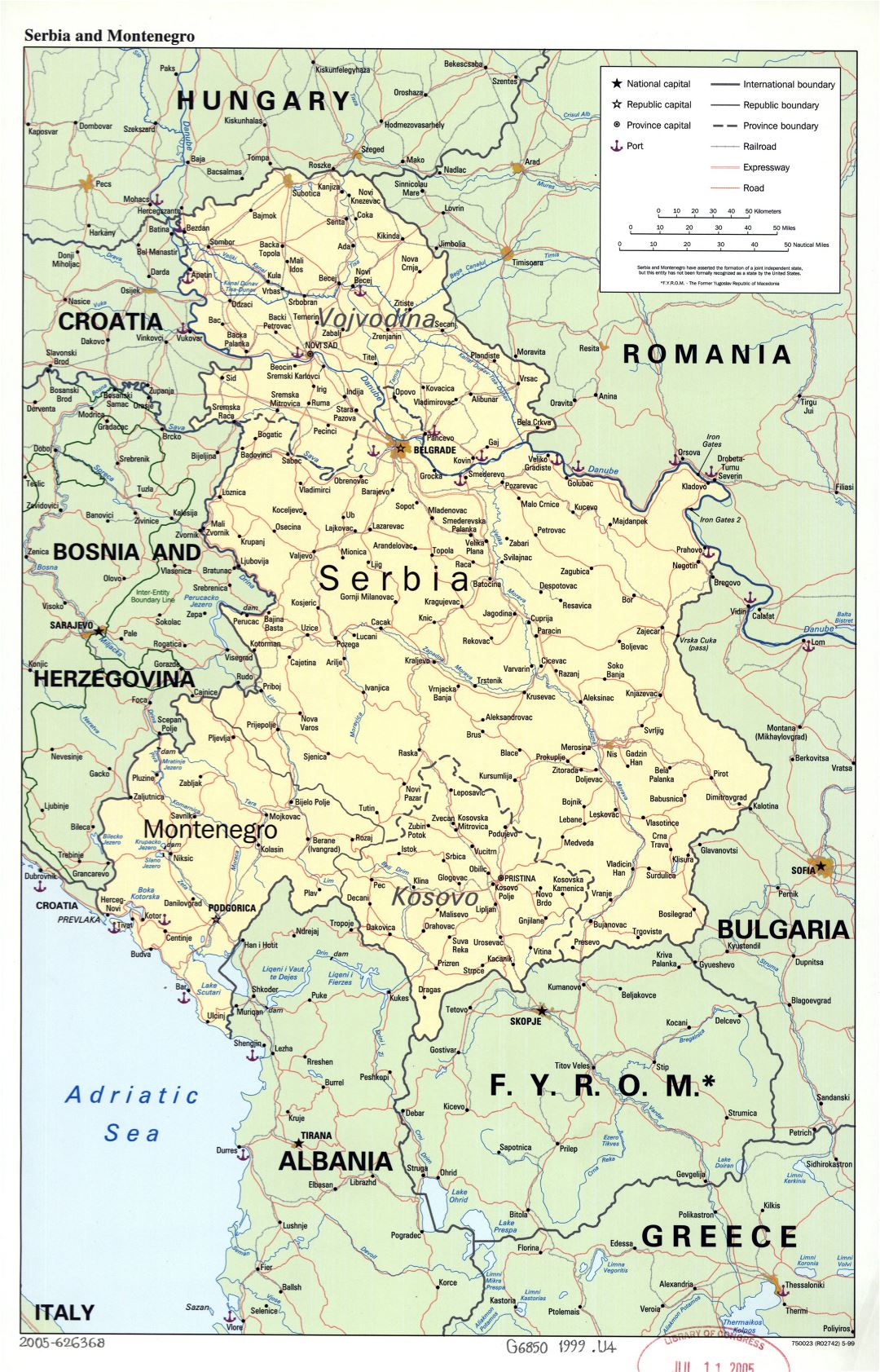 Large detail political map of Serbia and Montenegro with marks of roads, railroads, ports and cities - 1999