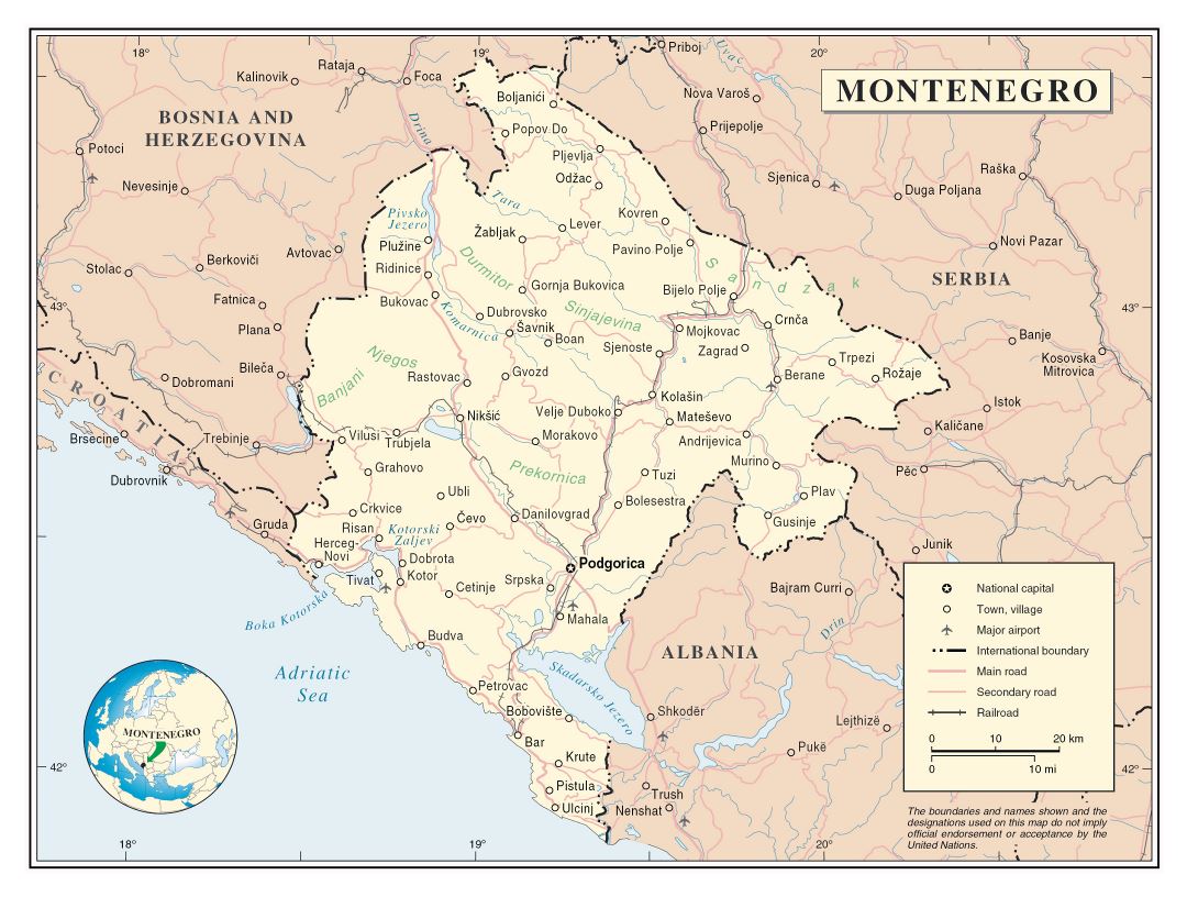 Large detailed political map of Montenegro with roads, cities and airports