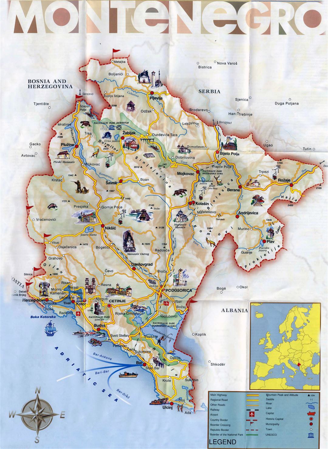 Large detailed tourist map of Montenegro with roads