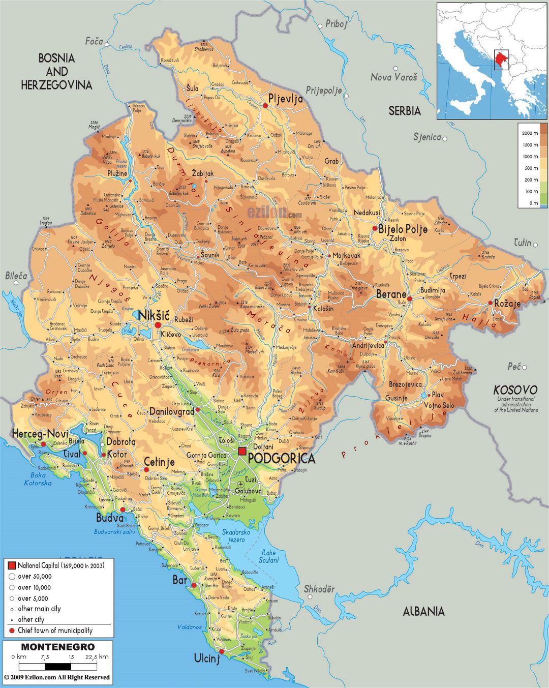 Large physical map of Montenegro with roads, cities and airports