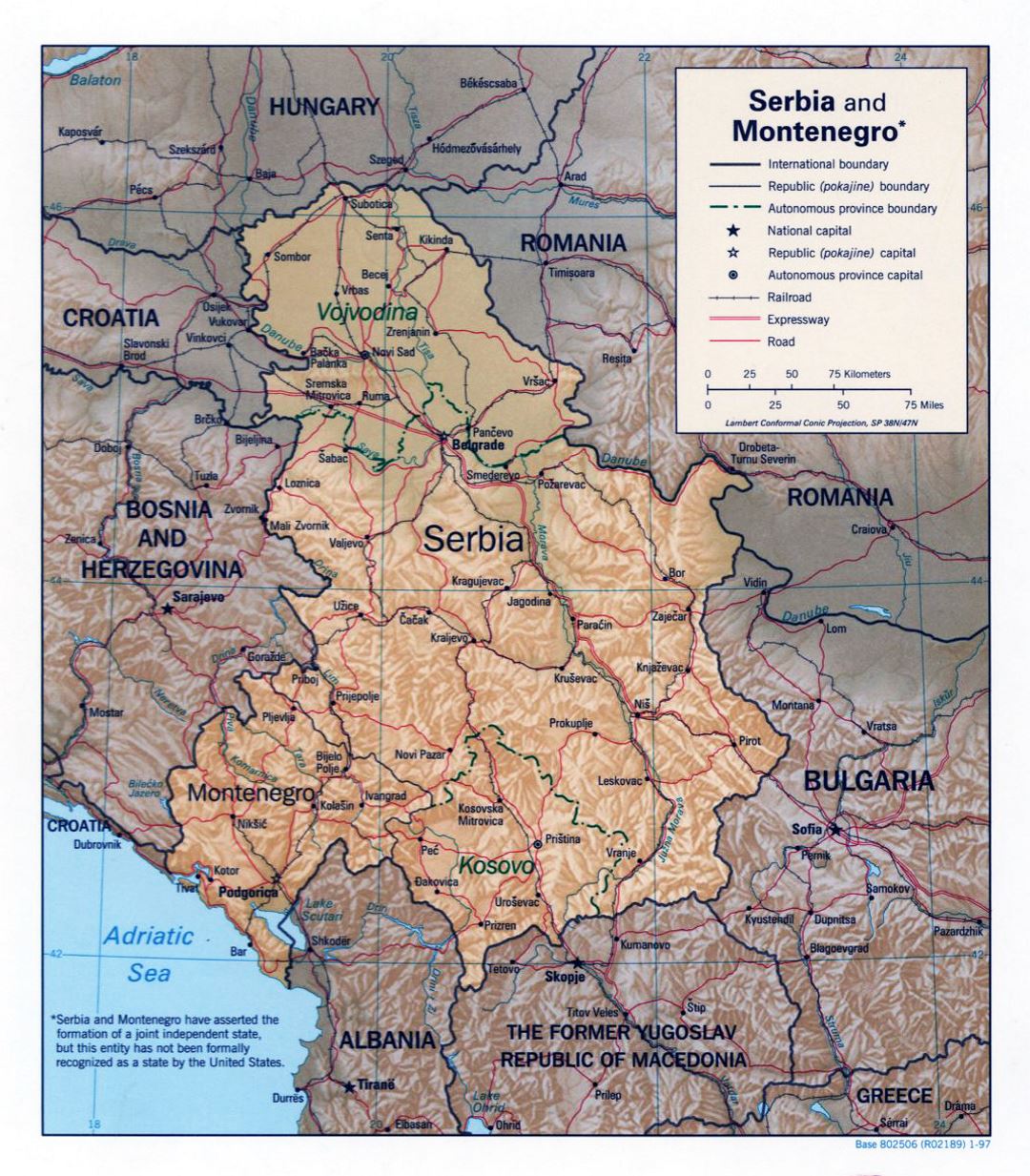 Large political map of Serbia and Montenegro with relief - 1997
