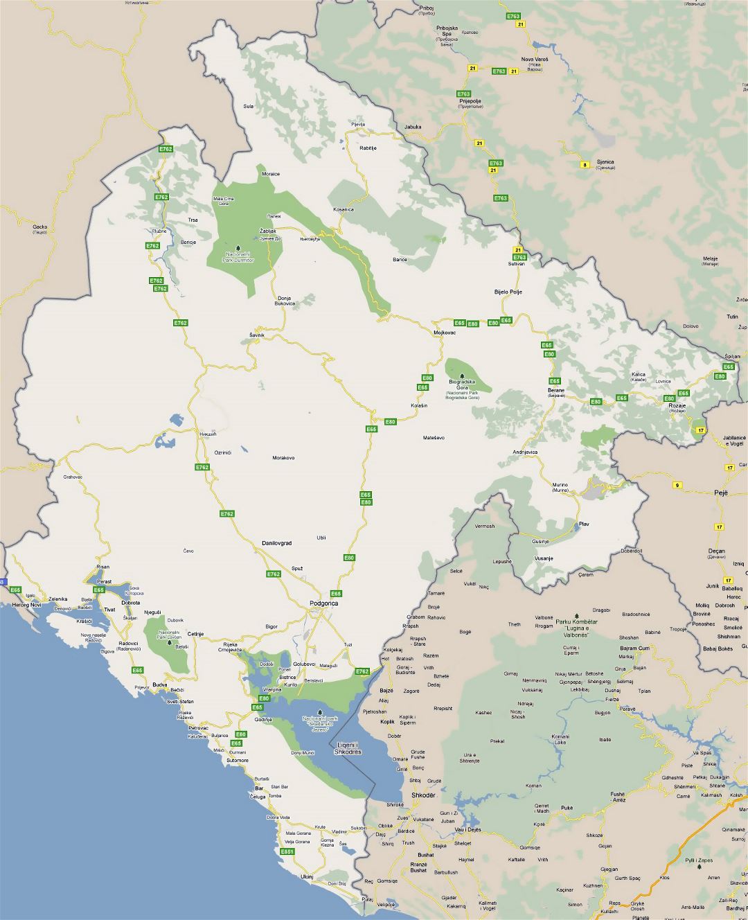 Large road map of Montenegro with cities and national parks