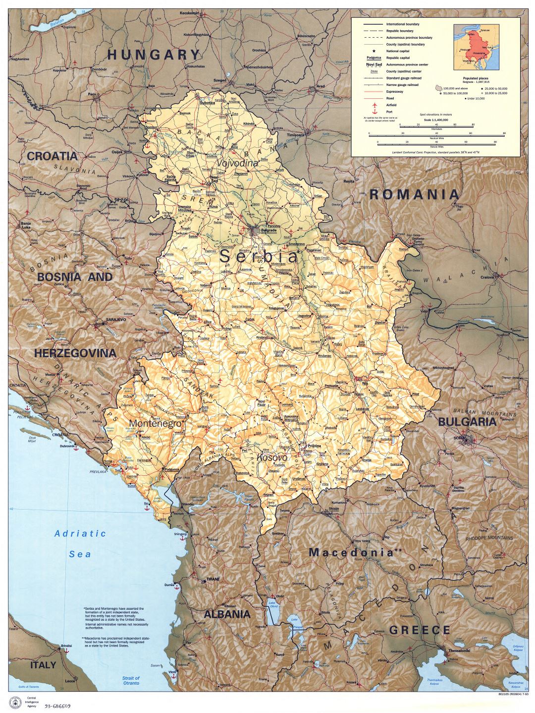 Large scale political map of Serbia and Montenegro with relief, roads, railroads, cities, airports and seaports - 1993