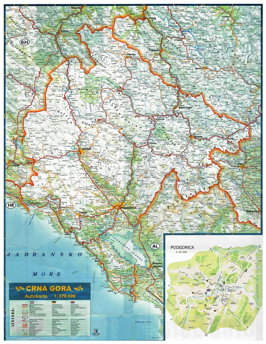 Large scale road map of Montenegro with all cities, villages and other marks