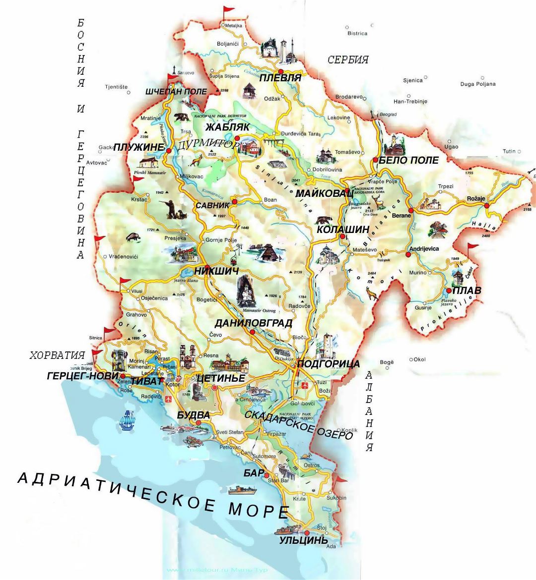 Large tourist map of Montenegro with russian marks