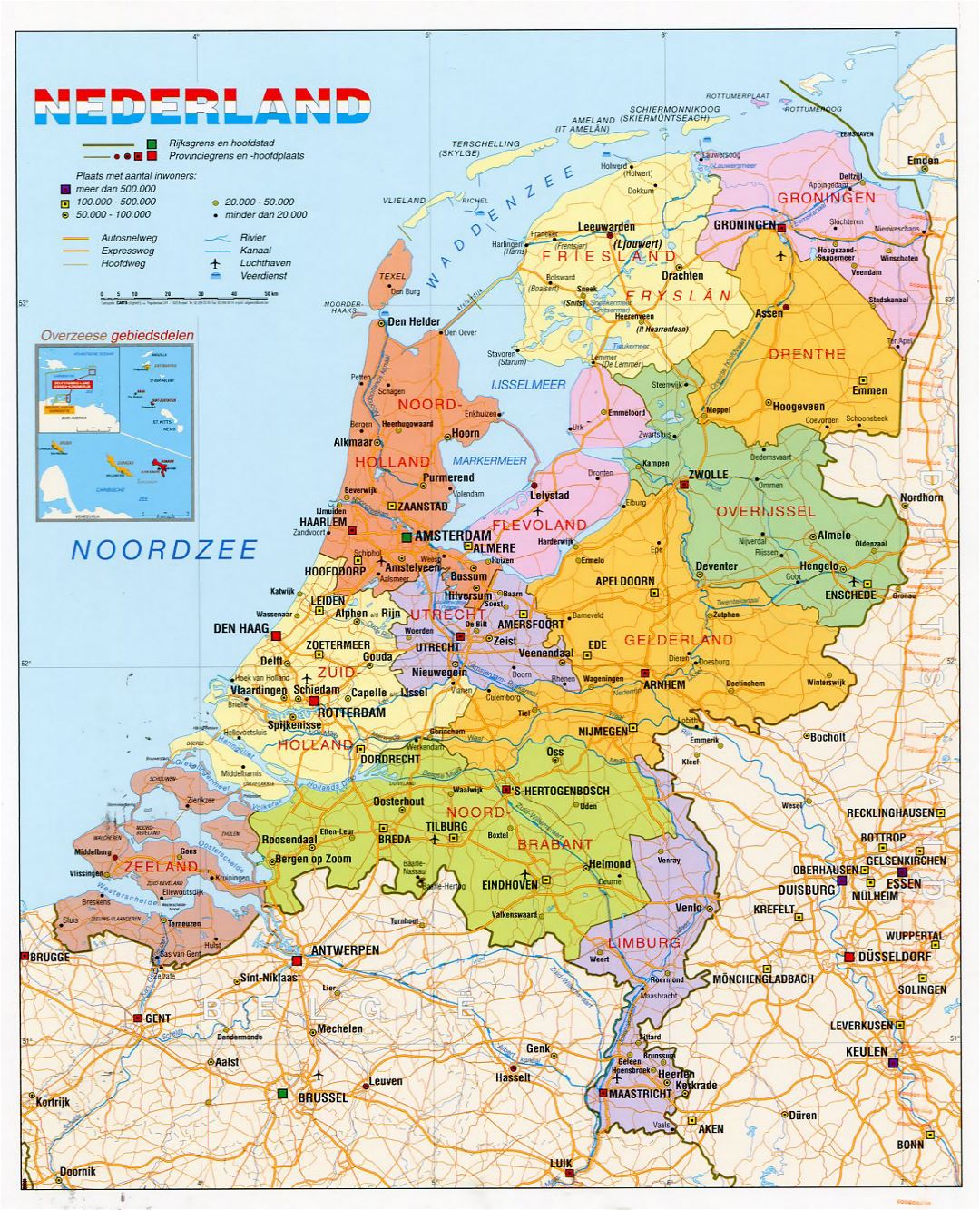 Detailed political and administrative map of Netherlands with roads, cities and airports