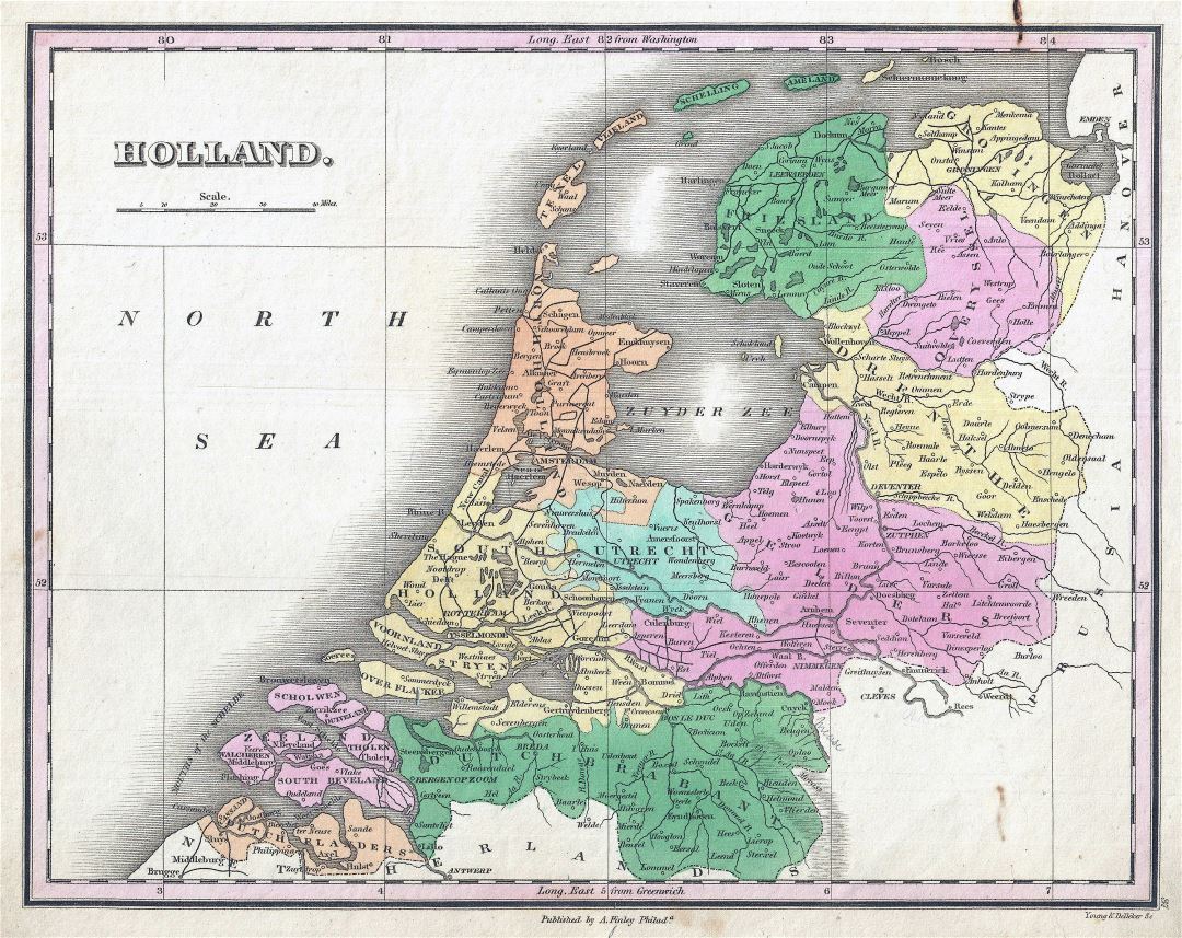 Large detailed old political and administrative map of Netherlands with cities - 1827