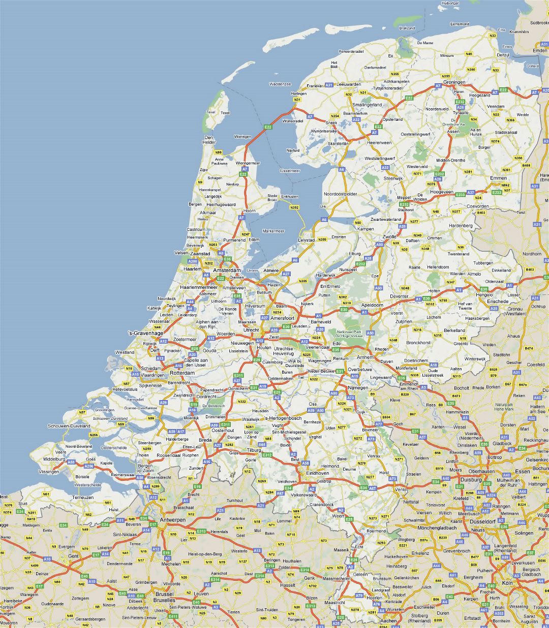 Large road map of Netherlands with all cities