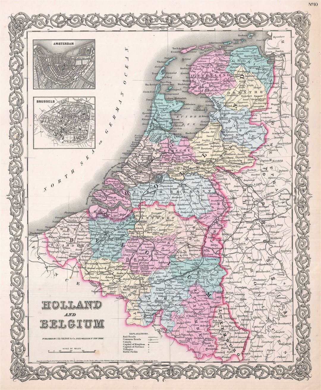 Large scale old political and administrative map of Holland and Belgium with cities - 1855