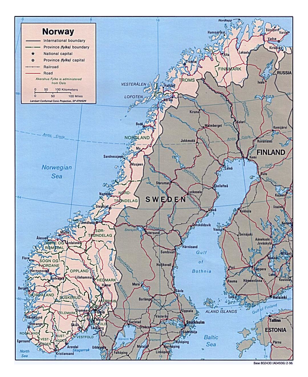 Detailed political and administrative map of Norway with roads and major cities - 1996