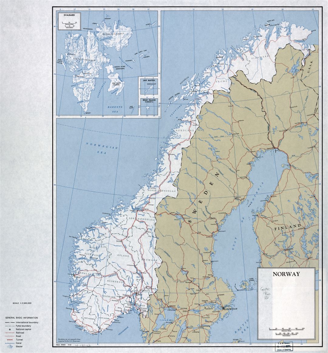 Large scale political and administrative map of Norway with roads, railroads and major cities - 1962