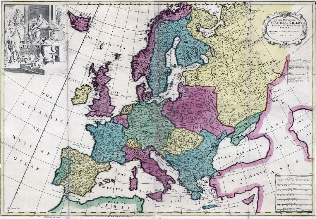 Large detailed old political map of Europe - 17xx