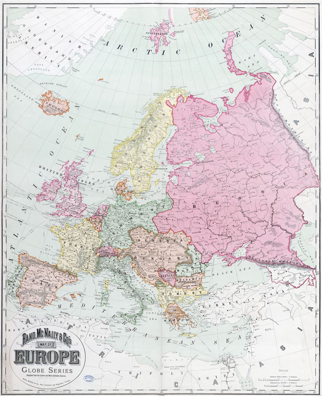 Large detailed old political map of Europe with cities - 1894