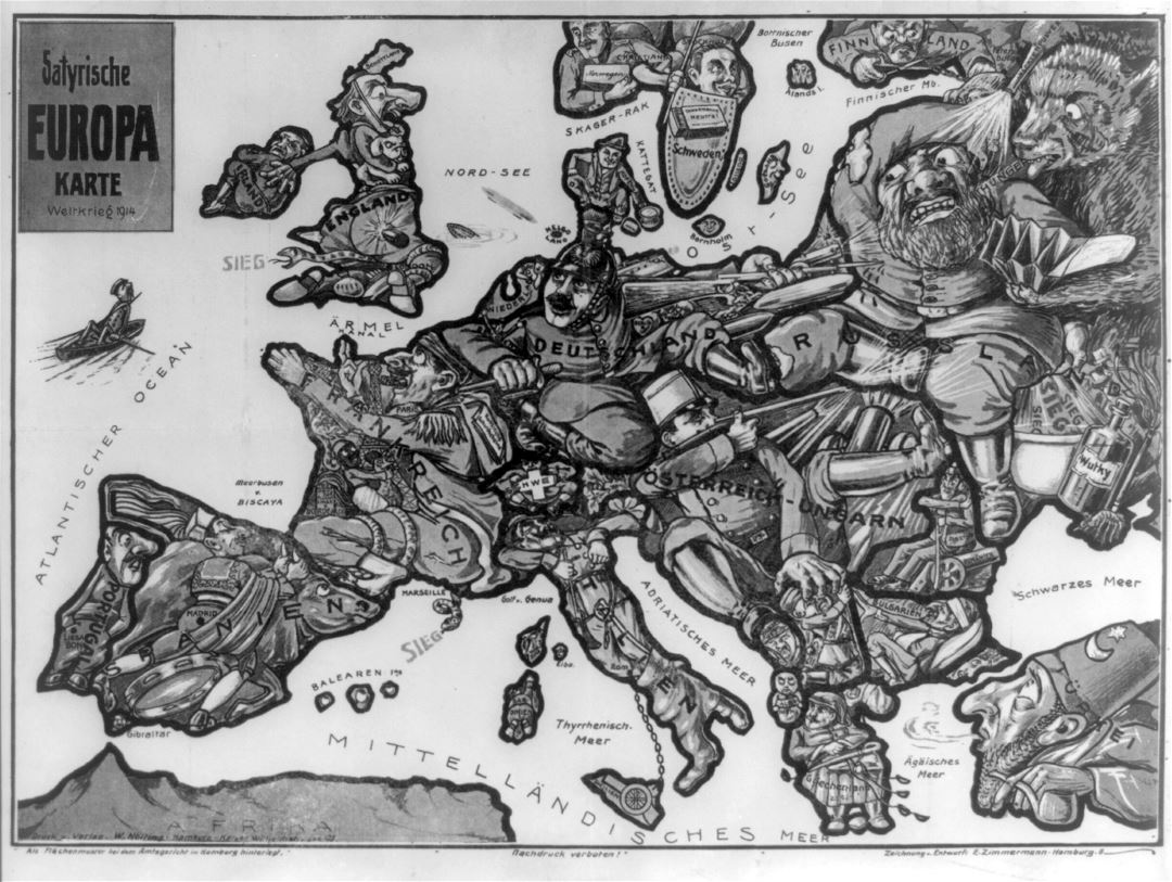 Large old satirical map of Europe - 1914