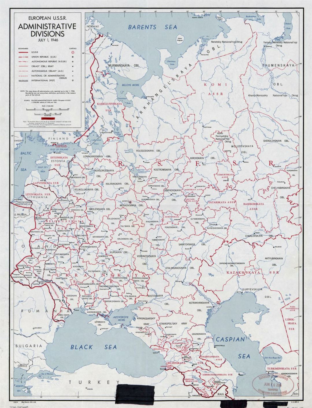 Detailed old administrative divisions map of European U.S.S.R. - 1946