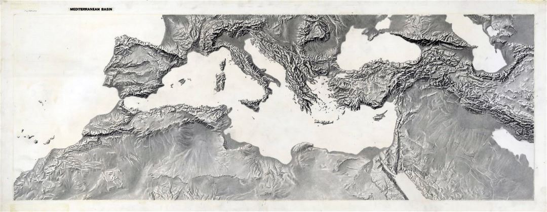 Detailed relief map of the Mediterranean Basin