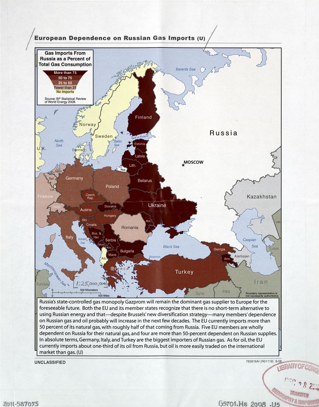 Large detailed European dependence on Russian gas imports map - 2008