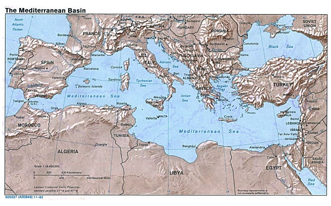 Large map of the Mediterranean Basin with relief - 1982