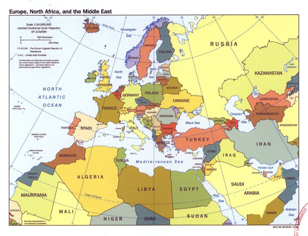 Large political map of Europe, North Africa and the Middle East - 2000