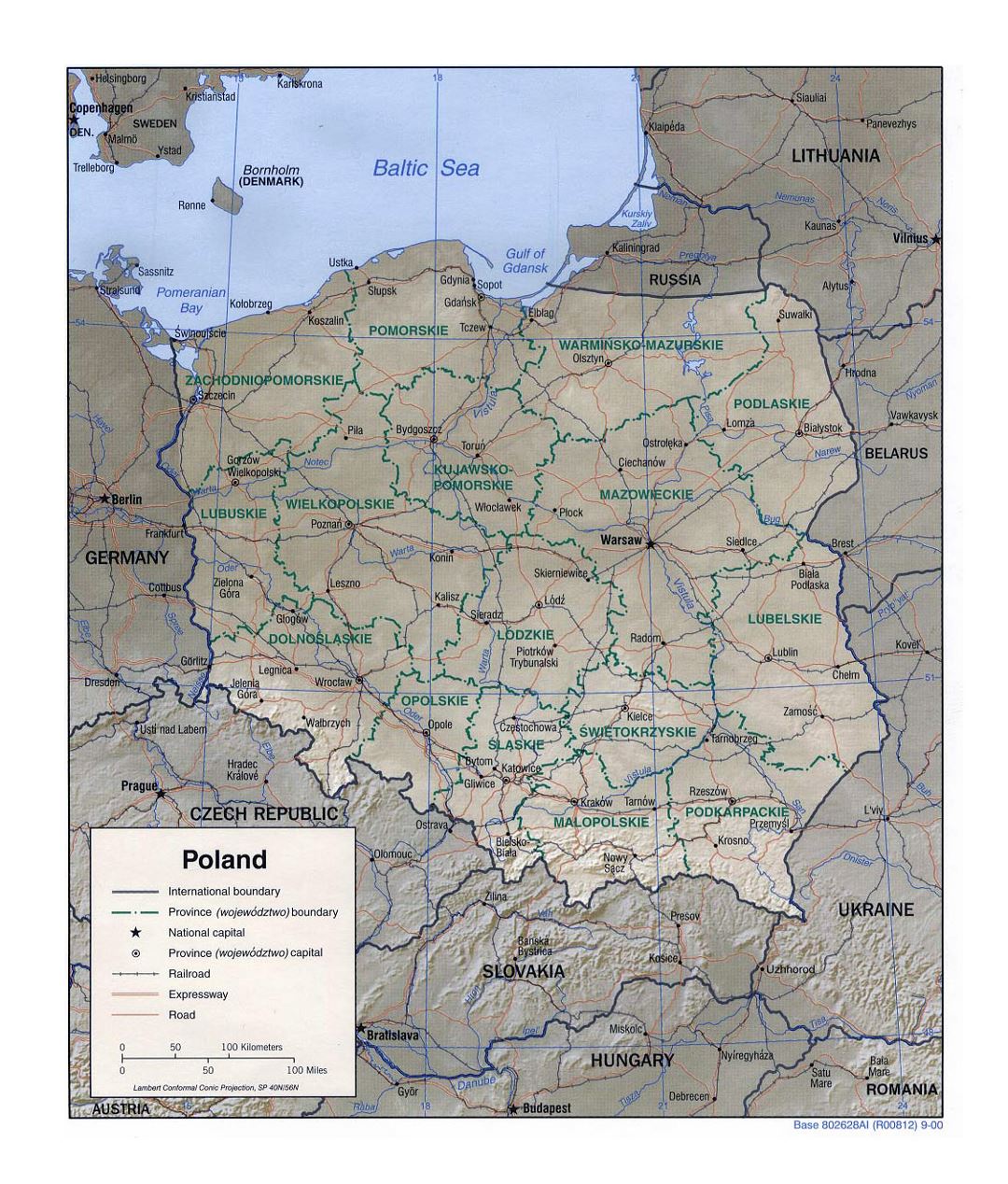 Detailed political and administrative map of Poland with relief, roads, railroads and major cities - 2000