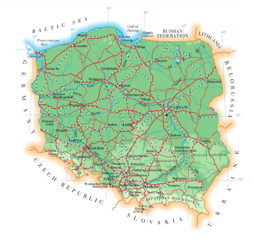 Elevation map of Poland with roads, cities and airports