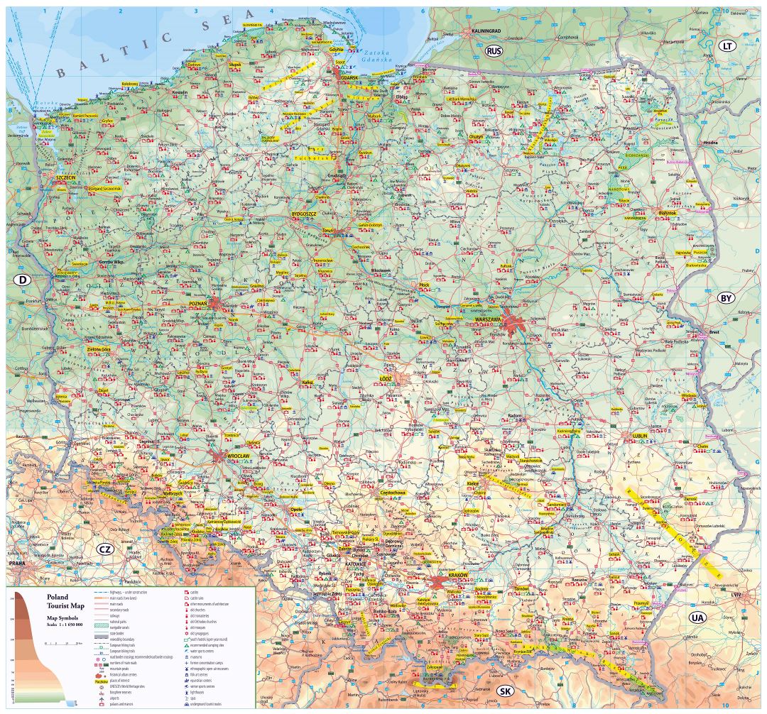 Large scale detailed tourist map of Poland