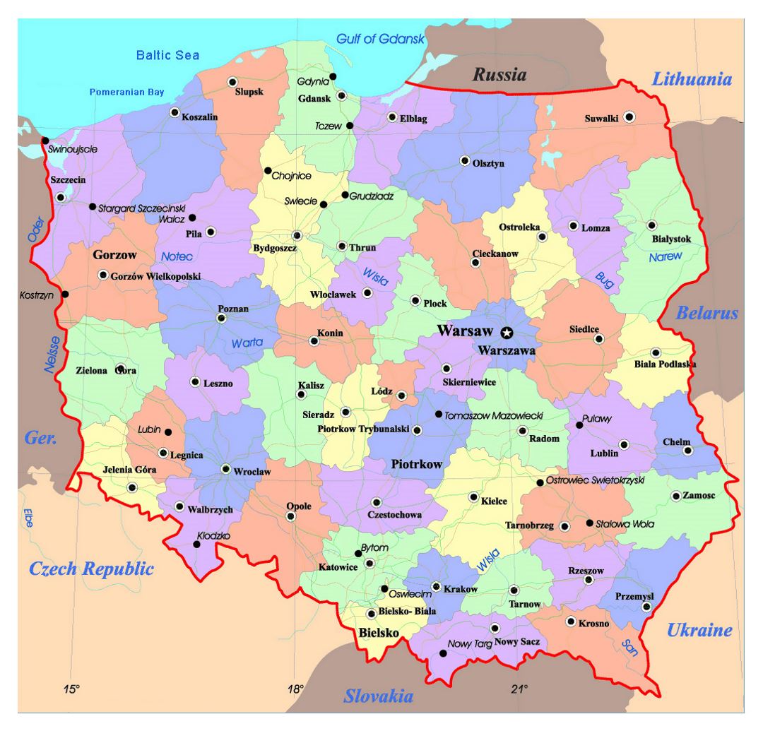 Political and administrative map of Poland with roads and major cities