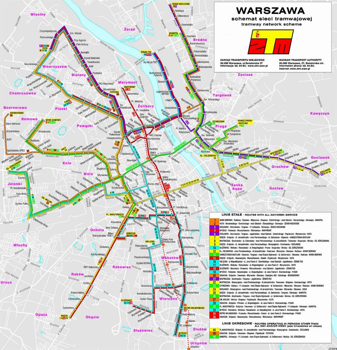 Detailed tram communication map of Warsaw city
