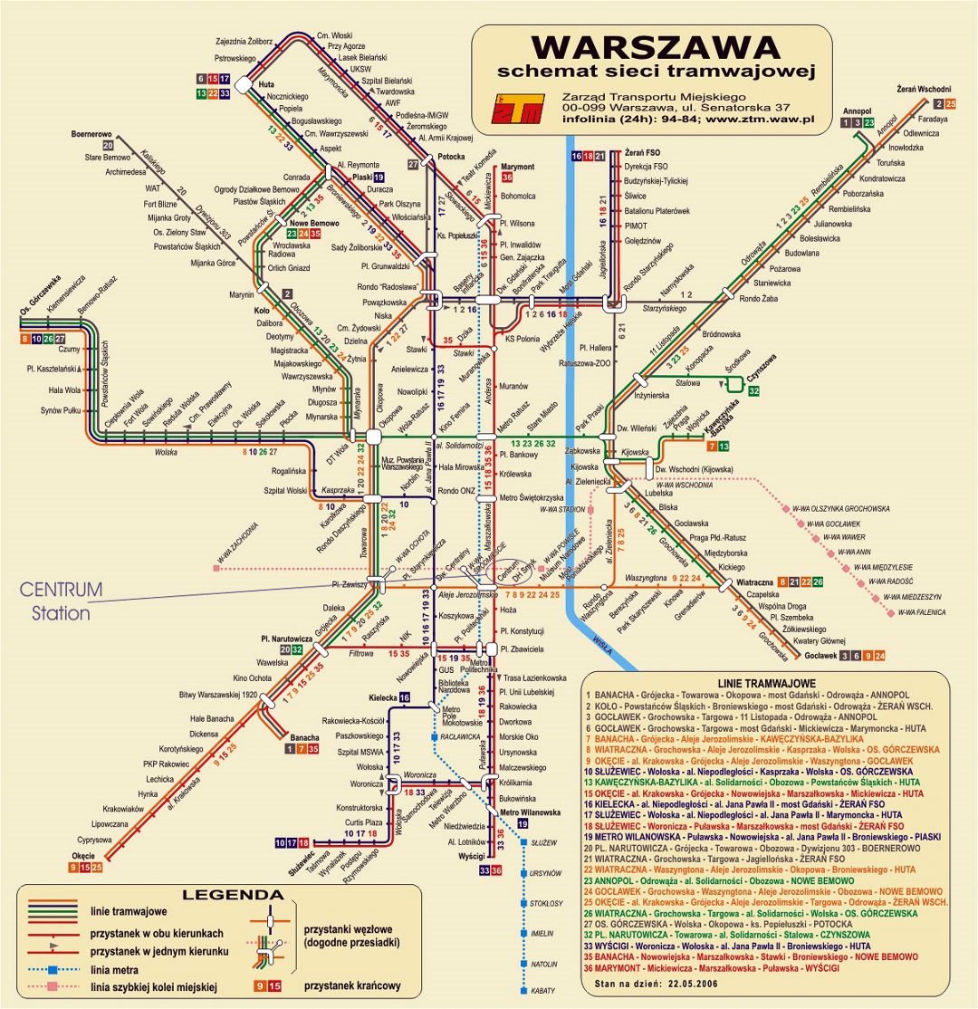 Detailed tram map of Warsaw city