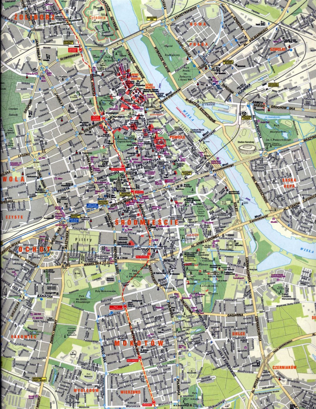 Large road and tourist map of Warsaw city center