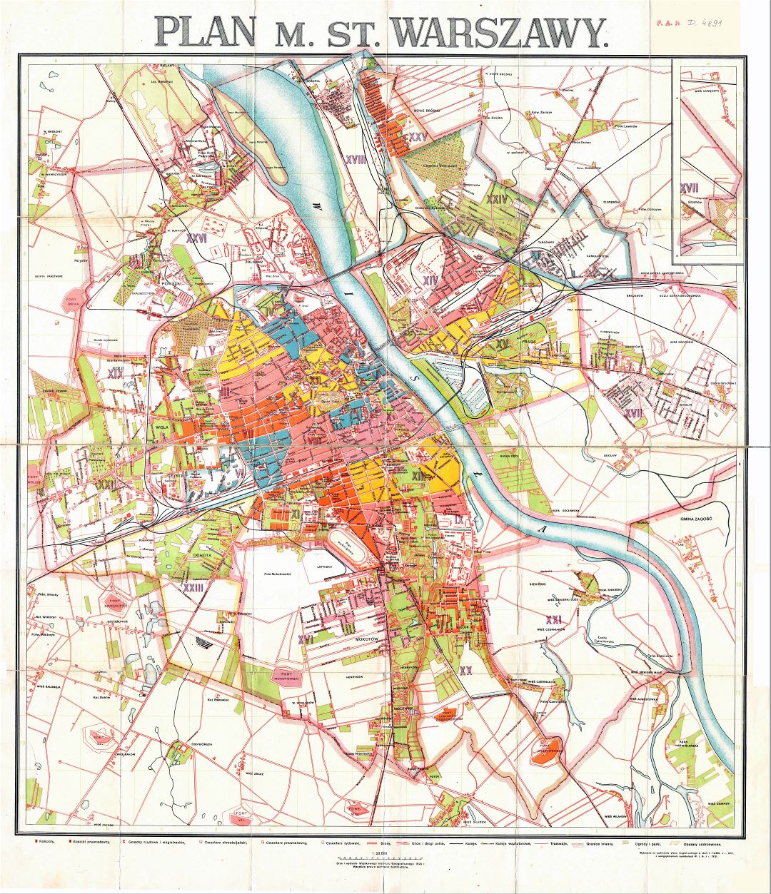 Large scale detailed old city plan of Warsaw - 1924