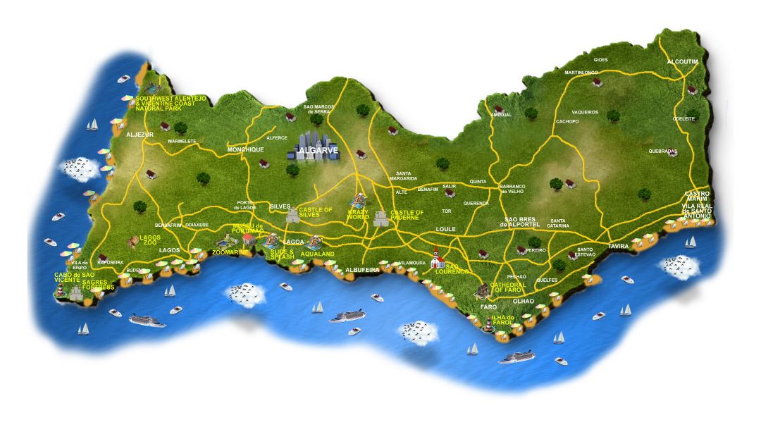 Tourist map of Algarve with roads and cities