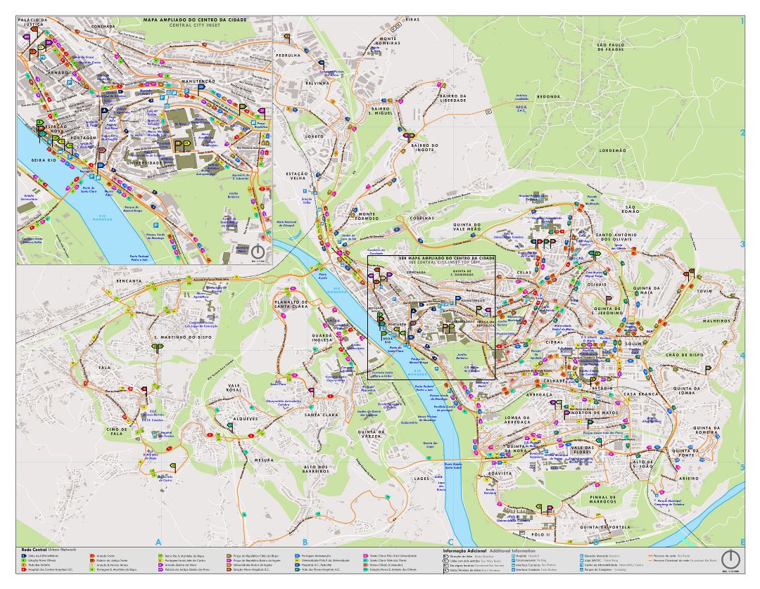 Large detailed tourist map of central part of Coimbra city