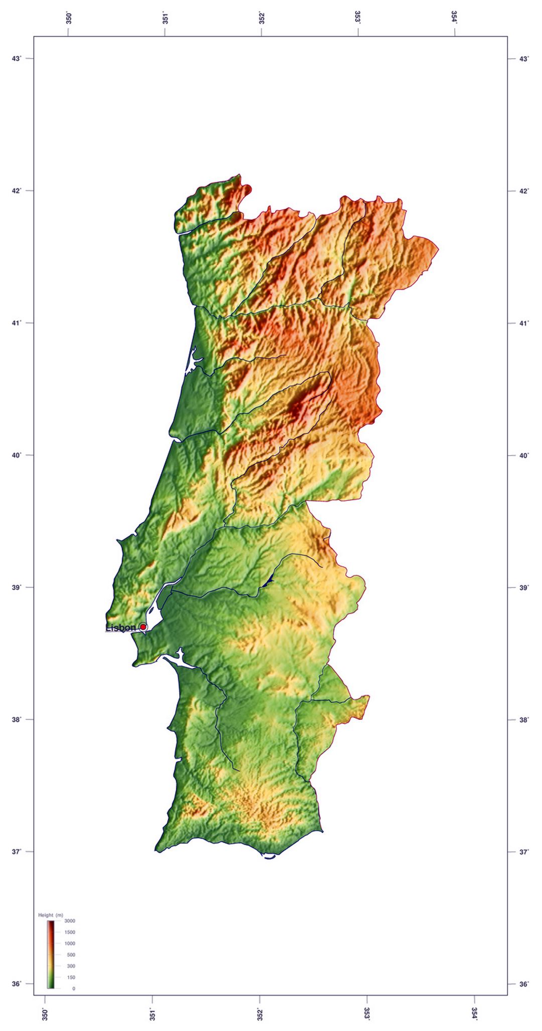 Detailed elevation map of Portugal
