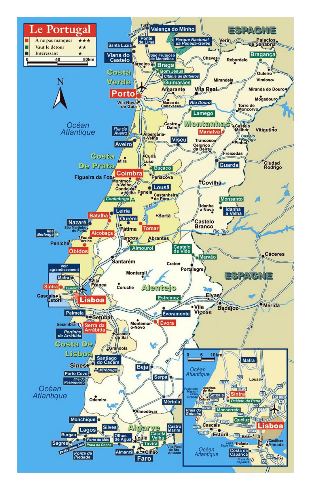 Detailed map of Portugal with roads and other marks