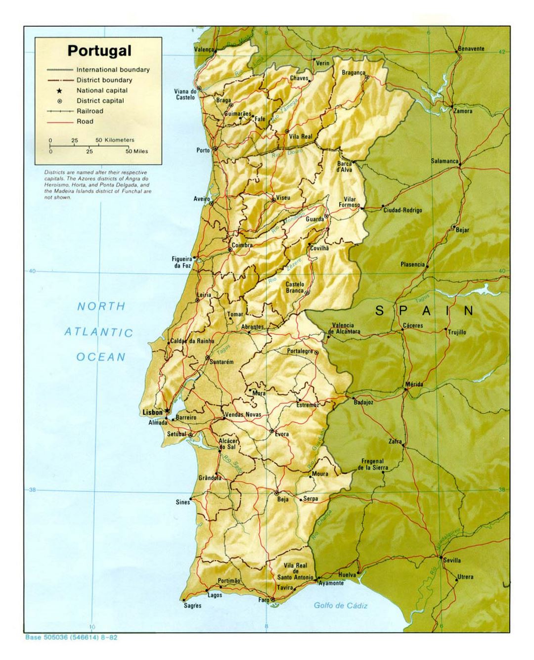 Detailed political and administrative map of Portugal with relief, roads and major cities - 1982