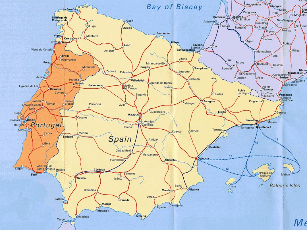 Highways map of Portugal and Spain