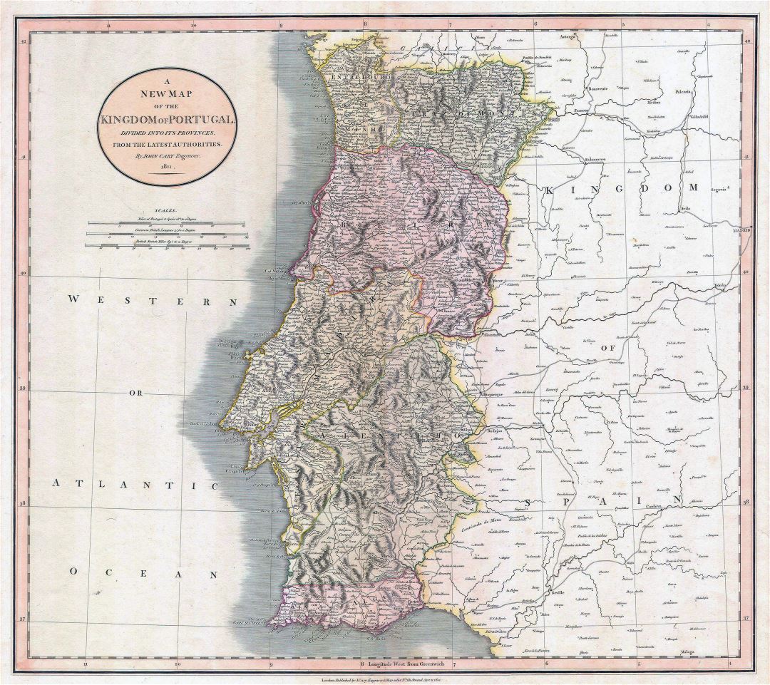 Large detailed old political and administrative map of Portugal with relief, roads and cities - 1811