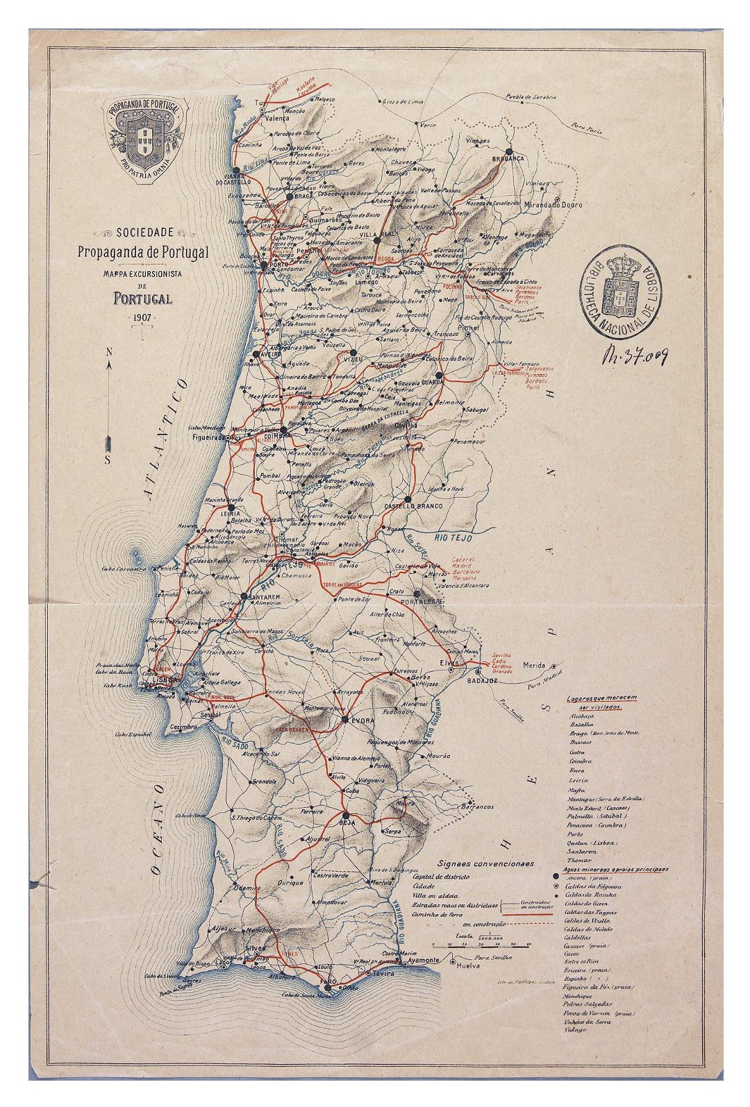 Large detailed old road map of Portugal with cities - 1907