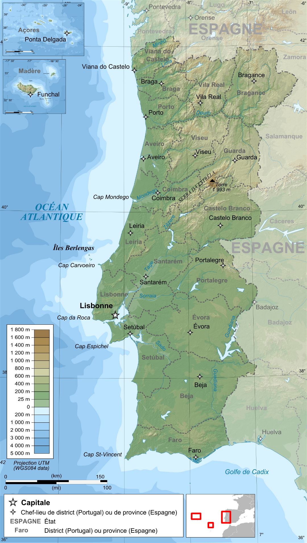 Large detailed physical map of Portugal